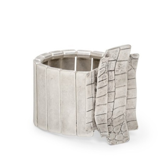 Wide Silver Plated Stretch Boho Bracelet | Handmade Statement Cuff | Chanour - Picture 3 of 6